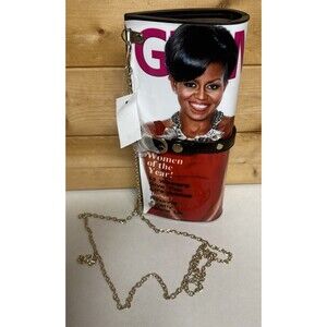 Michelle Obama Magazine Cover Acrylic Box Clutch Purse Gold Chain Handbag READ